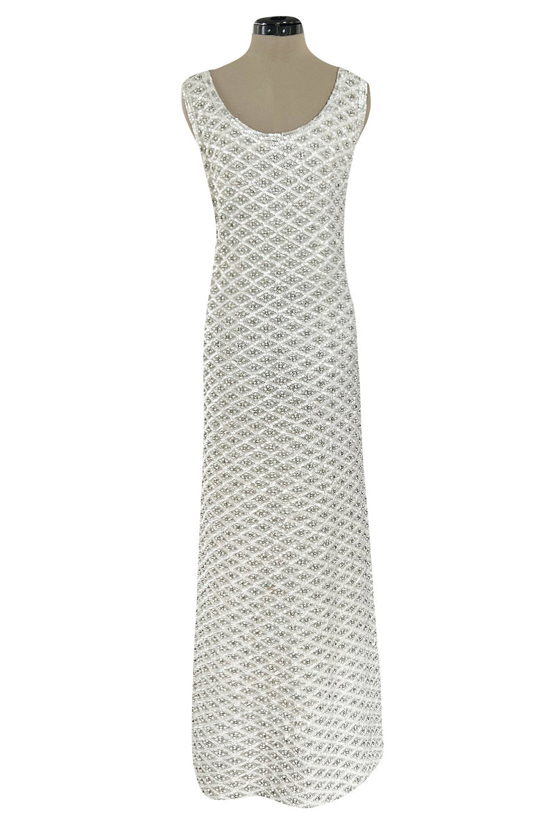 Fabulous 1960s Madeleine de Rauch Haute Couture Pearl White Sequin & Rhinestone Dress