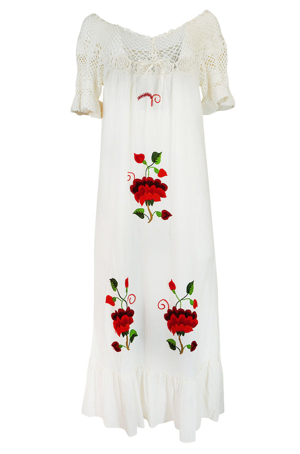 1960s Unlabelled Crochet & Embroidered White Gauze Midi Dress