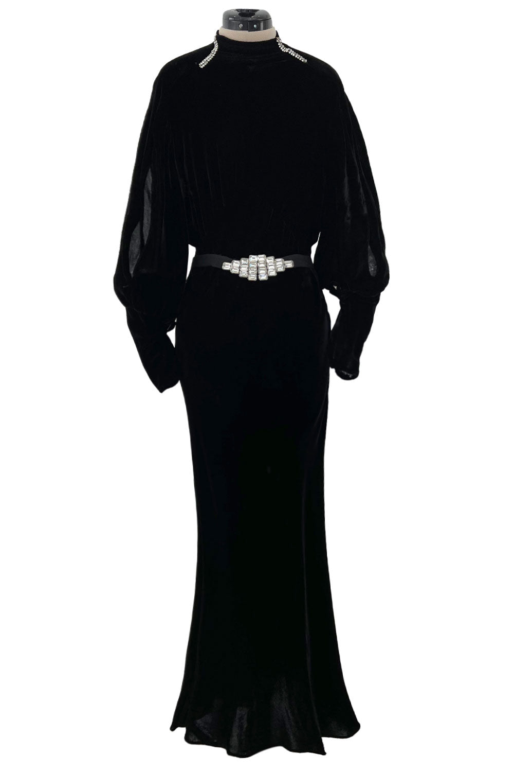 Stunning 1930s Black Bias Cut Silk Velvet Dress w Rhinestone Detail ...