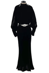 Stunning 1930s Black Bias Cut Silk Velvet Dress w Rhinestone Detail & Brilliant Belt