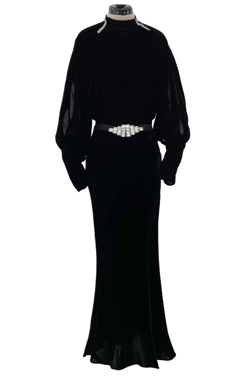 Stunning 1930s Black Bias Cut Silk Velvet Dress w Rhinestone Detail & Brilliant Belt