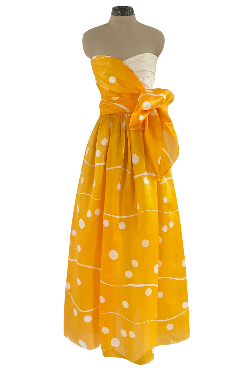 Spring 1985 Bill Blass Dotted Yellow & White Silk Organza Ad Campaign Strapless Dress