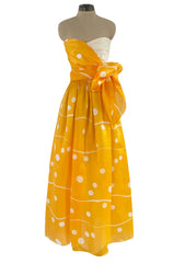 Spring 1985 Bill Blass Dotted Yellow & White Silk Organza Ad Campaign Strapless Dress