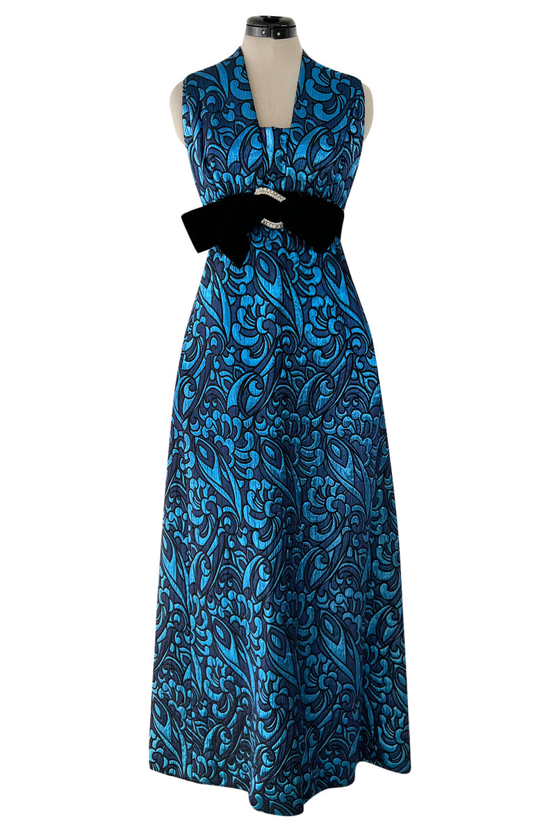 Late 1960s Lanvin by Jules-Francois Crahay Blue Metallic Silk Dress w Bow Detailing