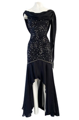 1980s Genny Draped Backless Black Silk Dress w Silver Star Thread Detailing