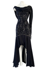 1980s Genny Draped Backless Black Silk Dress w Silver Star Thread Detailing
