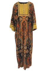 1960s Unlabeled Printed Velveteen & Elaborate Gold Braid Caftan Dress