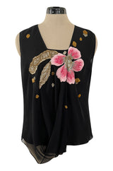 Beautiful Upcycled Vintage Black Silk Chiffon Top w Hand Applied 1920s Flower Detailing