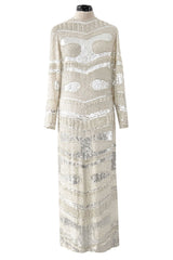 Iconic Spring 1981 Halston Fully Hand Beaded & Sequinned Silver & Ivory Silk Chiffon Dress