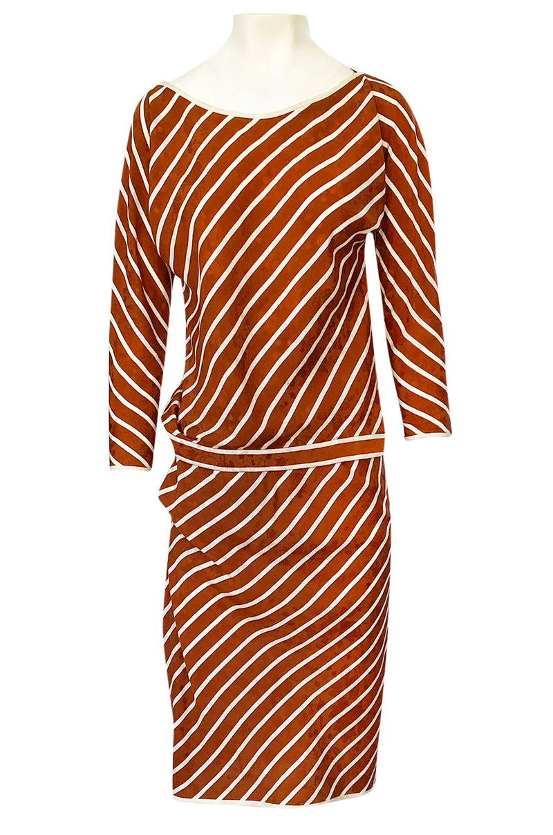 1980s Oscar de la Renta Rust and White Striped Silk Top & Skirt Set
