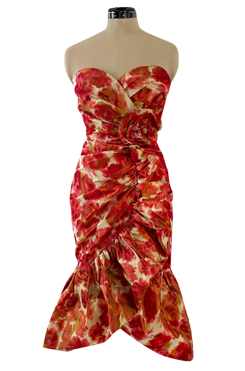 1980s Henri Bendel Washed Floral Silk Taffeta Ruffle Dres w Flower Accent at the Waist