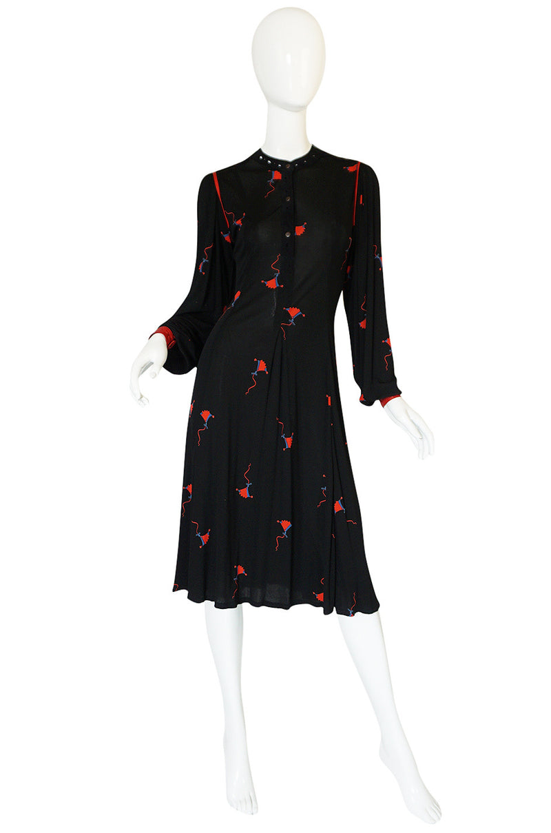 1970s Ann Buck Jersey with Leather Trim Print Dress