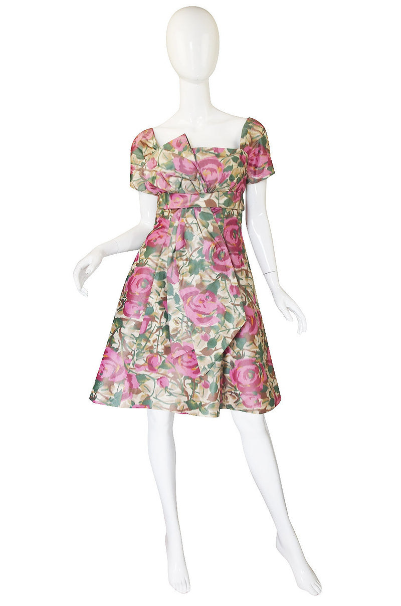1950s Pretty Floral Silk Bow Cocktail Dress