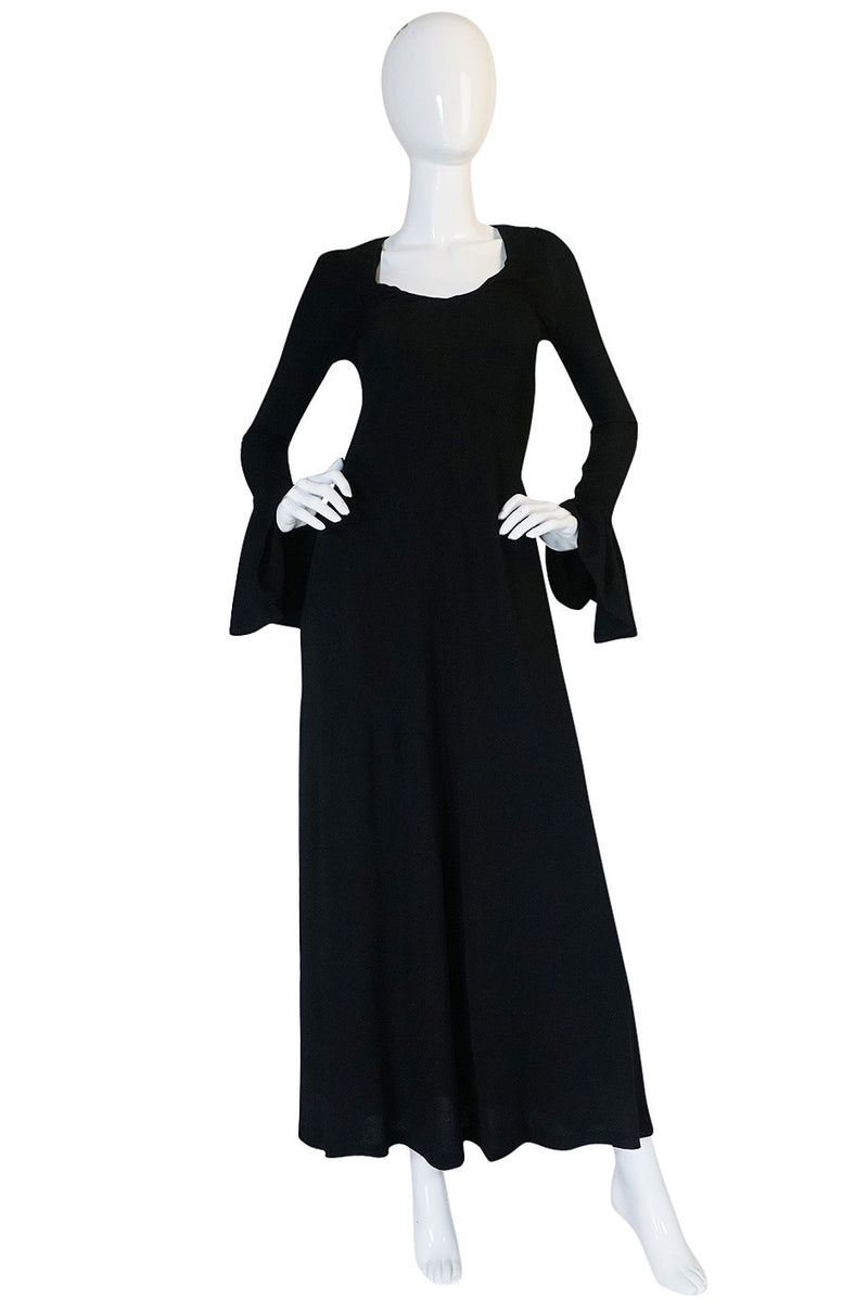 1970s Biba Ruffled Cuffs Black Moss Crepe Dress