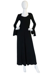 1970s Biba Ruffled Cuffs Black Moss Crepe Dress