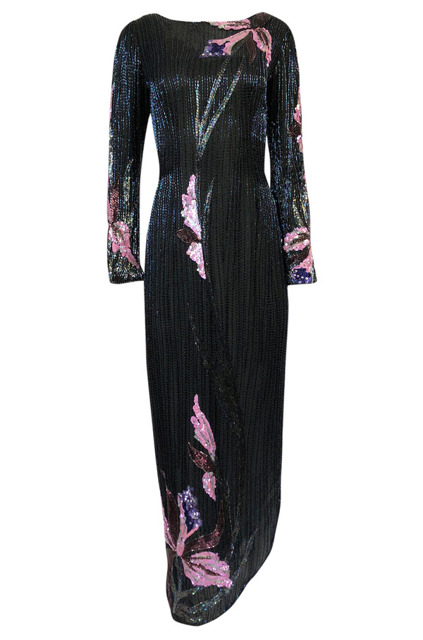 Spring 1983 Bob Mackie Hand Applied Bead & Sequin Silk 'Orchid' Dress