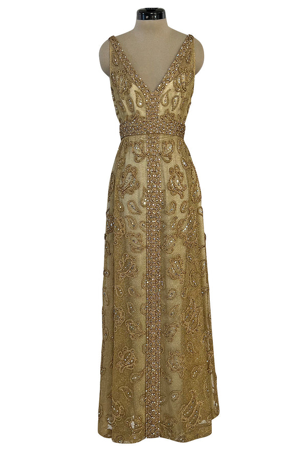 Incredible 1960s Malcolm Starr Gold Metal Net Dress w Metal Cording & Rhinestones