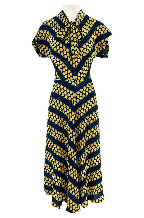 Gorgeous 1940s Yellow Dot & Deep Navy Black Chevron Print Silk Swing Dress