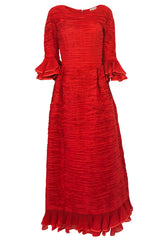 1960s Sybil Connolly Couture 'Non Chalance' Red Ruffled Pleated Linen Dress