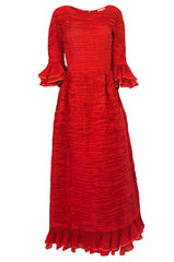 1960s Sybil Connolly Couture 'Non Chalance' Red Ruffled Pleated Linen Dress