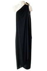 1981 Bill Tice Black One Shoulder Jersey Dress w Gold Lame Flower Detailing