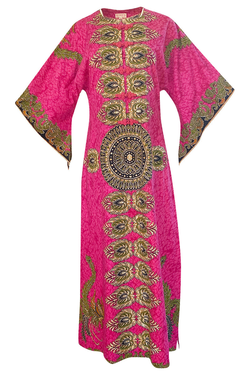 1960s Unlabeled Pink Thai Print Cotton Caftan Dress w Frog Knot Detail