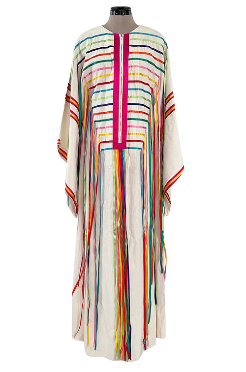 Joyful 1960s Josefa Mexico Rainbow Ribbon on Ivory Cotton Caftan Dress w Zip Front