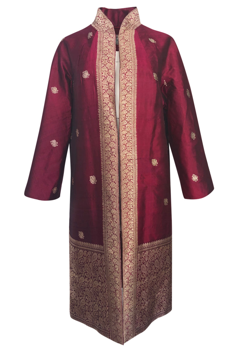 1950s Handmade Woven Gold & Deep Red Shantung Silk Evening Coat