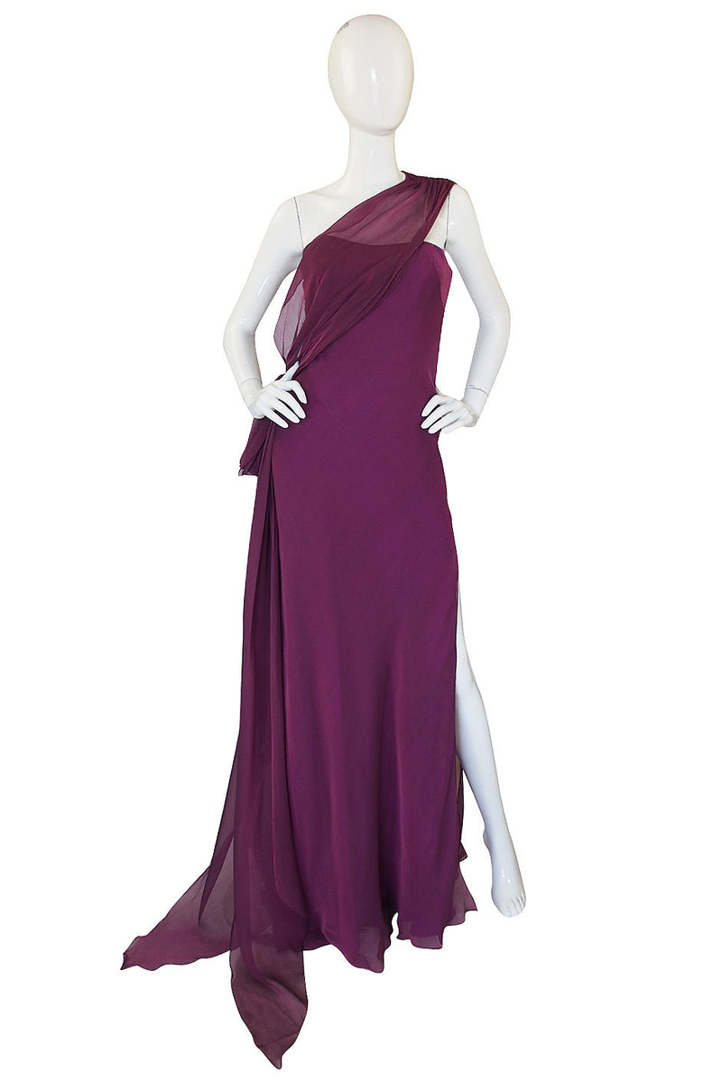 1990s Ben de Lisi One Shoulder Aubergine Silk Chiffon Dress Shrimpton Couture 1990s Ben de Lisi One Shoulder Aubergine Silk Chiffon Dress Shrimpton Couture