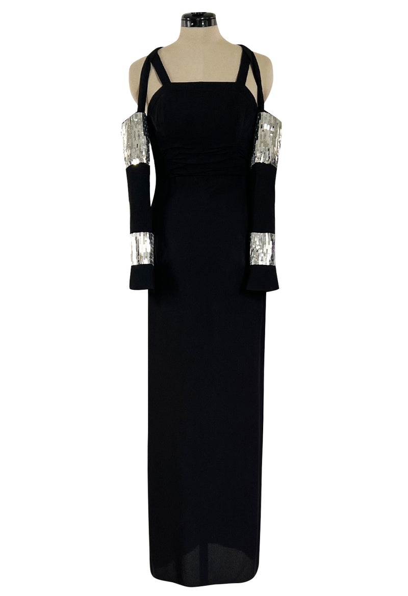 Avent Garde Fall 1991 Karl Lagerfeld Suspended Sleeve Dress w Flat Silver Sequin Detailing