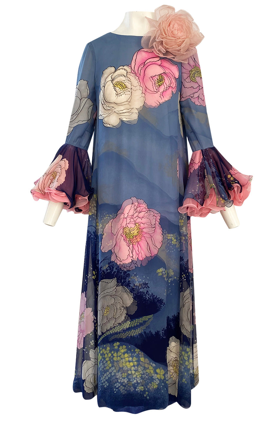 1970s Hanae Mori Silk Chiffon Deep Blue Floral & Water Print Dress