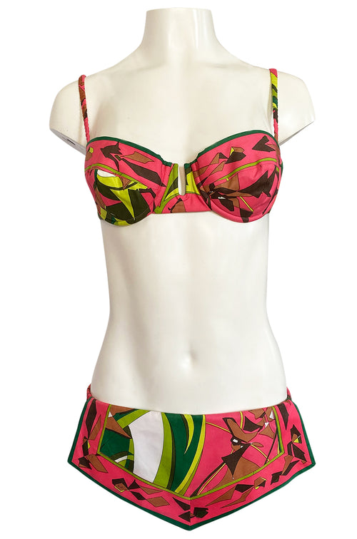 1968 Emilio Pucci Two Piece Coral Print Cotton Bikini Swimsuit