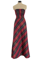 Fabulous 1980s Yves Saint Laurent Strapless Deep Red Plaid Silk & Cotton Dress