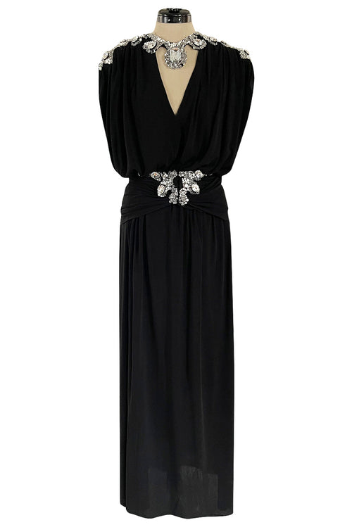 Incredible 1970s Loris Azzaro Black Silk Jersey Dress w Huge Attached Jewel Collar & Jewelled Belt