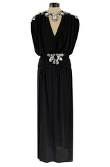 Incredible 1970s Loris Azzaro Black Silk Jersey Dress w Huge Attached Jewel Collar & Jewelled Belt