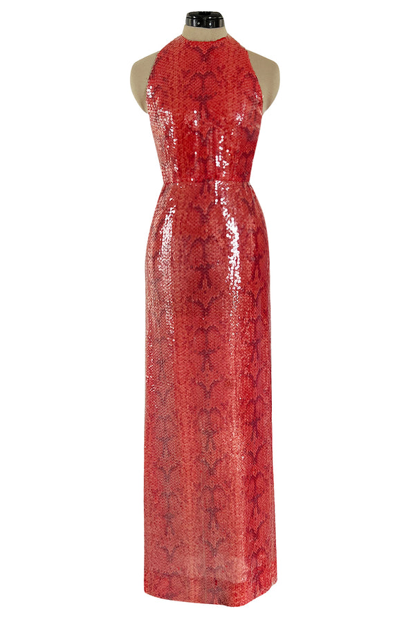 Documented 1974 Bill Blass Red Sequin & Snakeskin Print Ad Campaign Halter Dress
