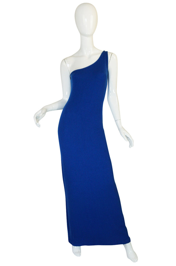 Museum Held 1977 Halston Blue Cashmere One Shoulder Dress