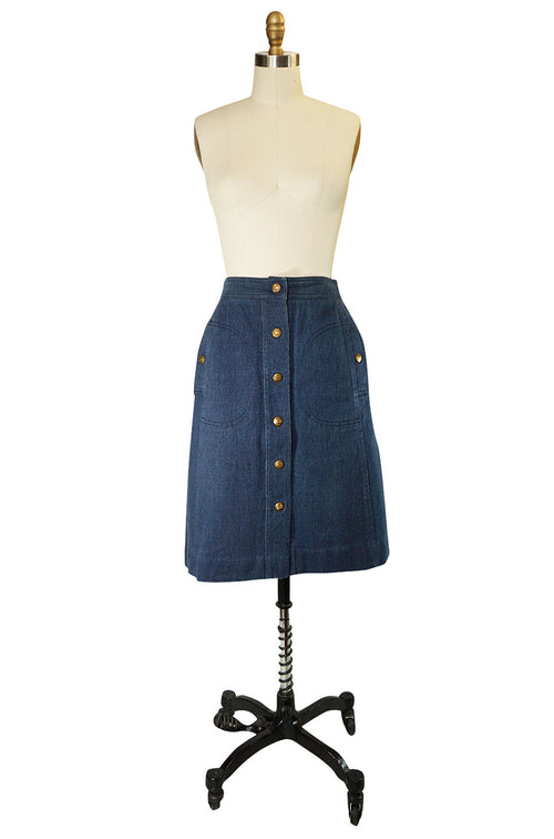 Fabulous 1970s Celine Denim Logo Snap Front Skirt