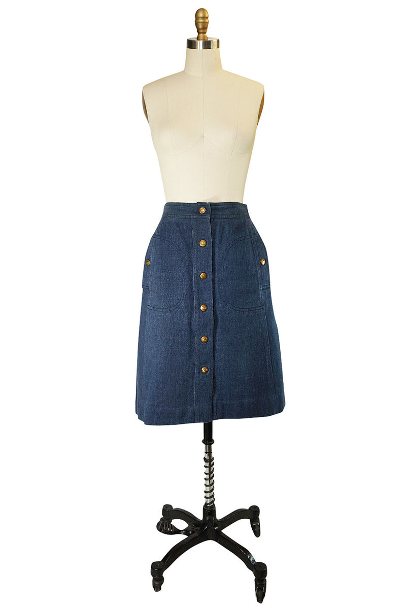 Fabulous 1970s Celine Denim Logo Snap Front Skirt