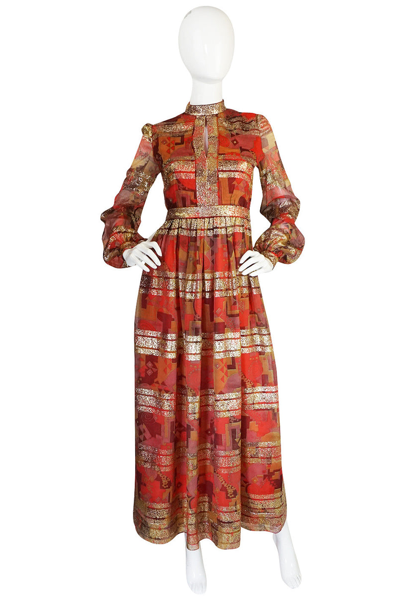 1960s Metallic Malcolm Starr Printed Organza Dress