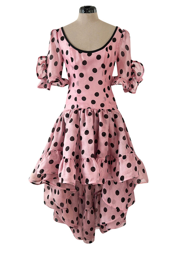 Rare Spring 1990 Yves Saint Laurent Mini Front Skirt Longer Back Pink & Black Dot Dress