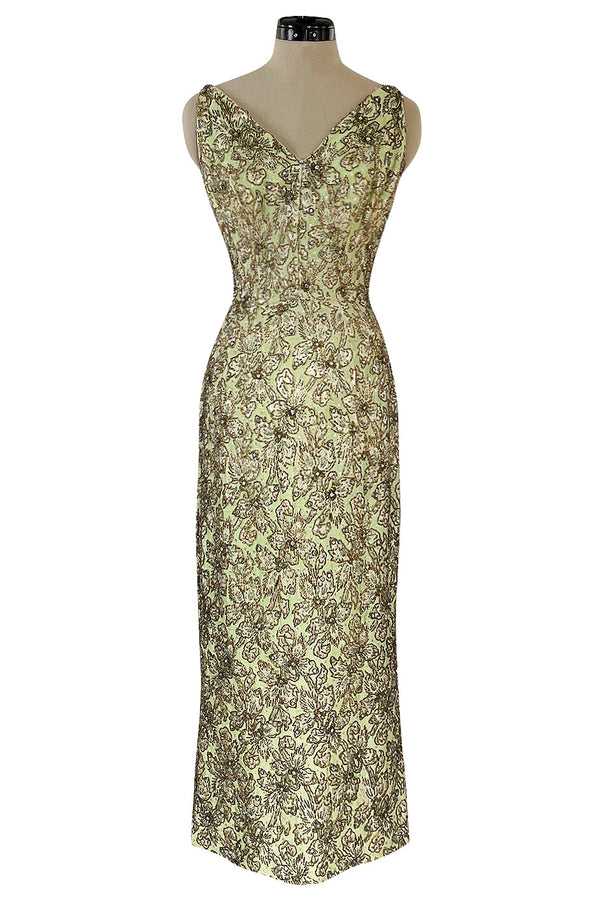 Incredible 1950s Mignon Densely & Heavily Beaded Green Silk Brocade Hourglass Dress