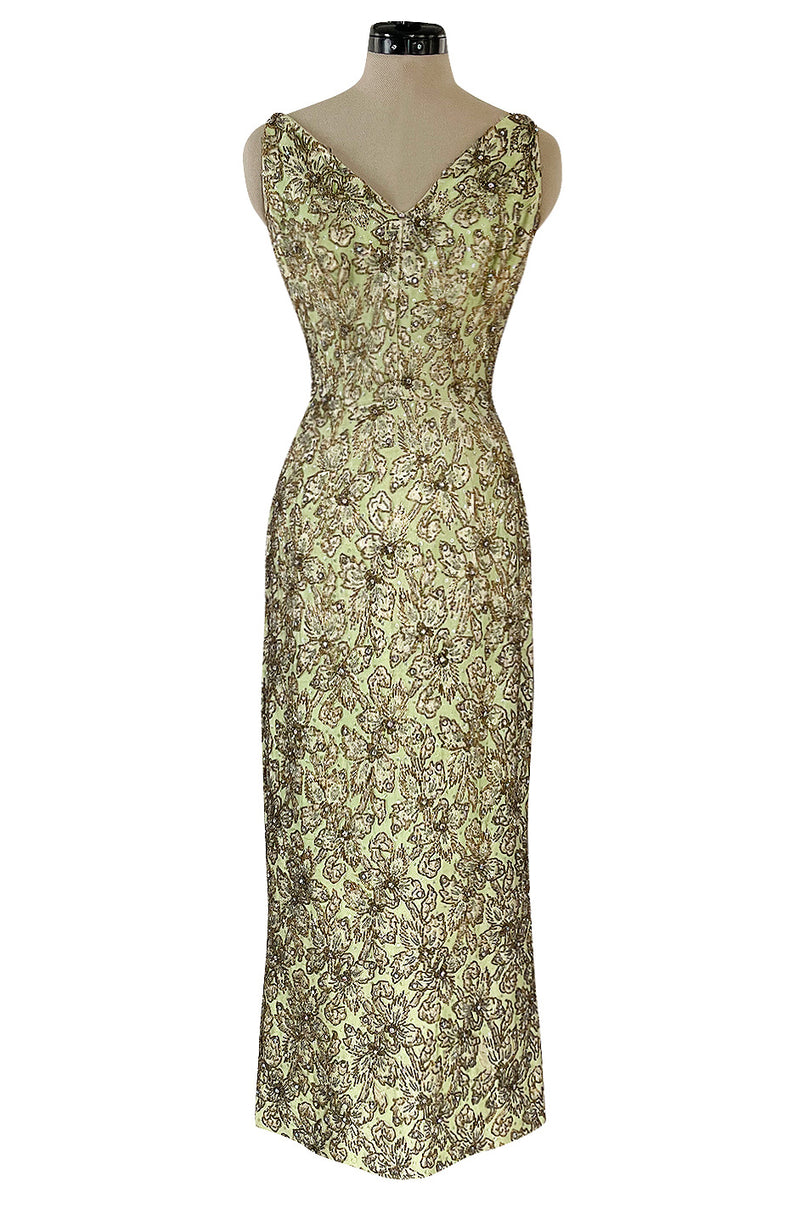 Incredible 1950s Mignon Densely & Heavily Beaded Green Silk Brocade Ho Shrimpton Couture Incredible 1950s Mignon Densely & Heavily Beaded Green Silk Brocade Ho Shrimpton Couture
