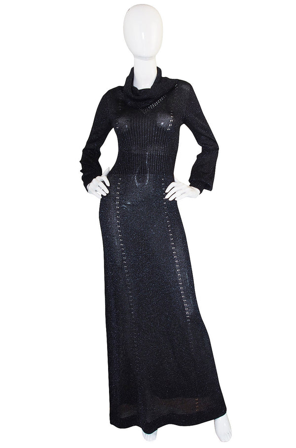 1970s Supermodel Length Wenjilli Metallic Black Dress