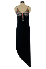 Late 1970s Stephen Burrows Hand Beaded Asymmetrical Hem Jersey Dress