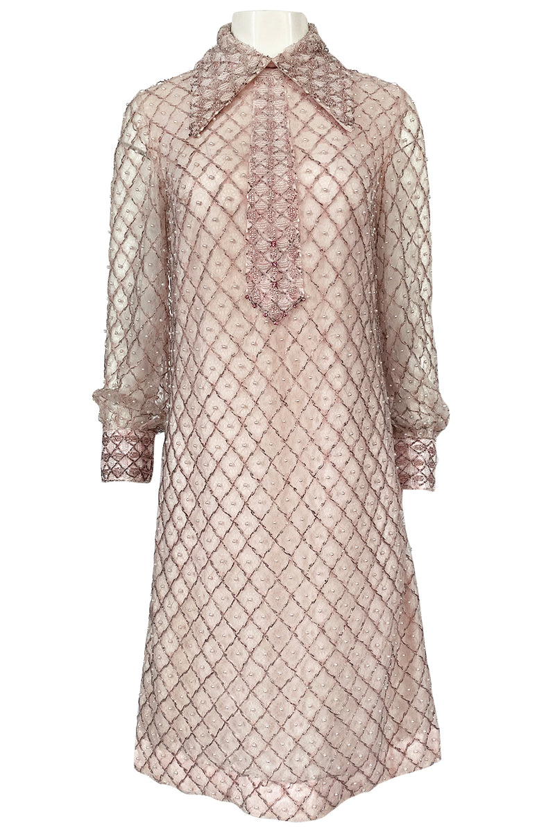 1960s Valentina Inc Pink Beaded Shift Dress w Front Collar Detailing – Shrimpton Couture