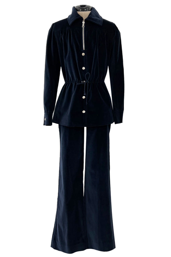 Numbered 1970s Andre Courreges Deep Blue Velvet Zip Jacket & Wide Legged Pant Set