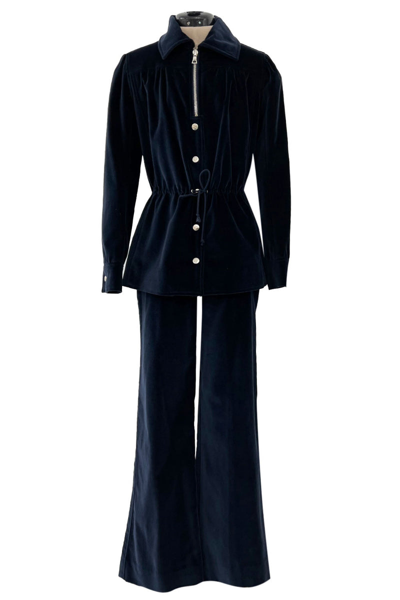Numbered 1970s Andre Courreges Deep Blue Velvet Zip Jacket & Wide Legged Pant Set