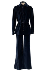 Numbered 1970s Andre Courreges Deep Blue Velvet Zip Jacket & Wide Legged Pant Set
