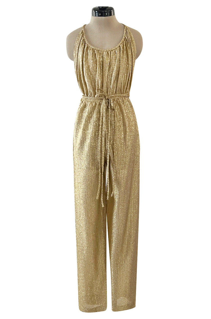 Iconic Rare 1970s Halston Metallic Gold Lame Lurex Backless Jumpsuit